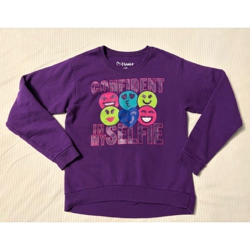 Hanes girls size large dark purple sweatshirt with emoji faces